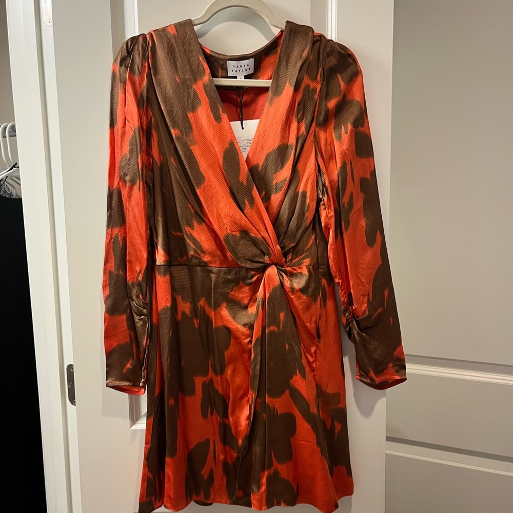 Tanya Taylor Vibrant Orange and Brown Long Sleeve Dress